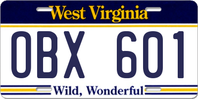 WV license plate OBX601