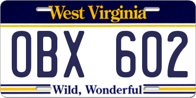 WV license plate OBX602