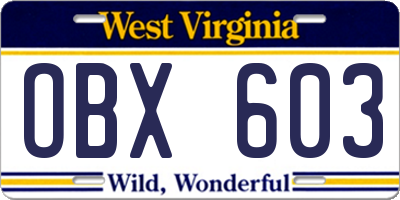 WV license plate OBX603