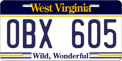 WV license plate OBX605
