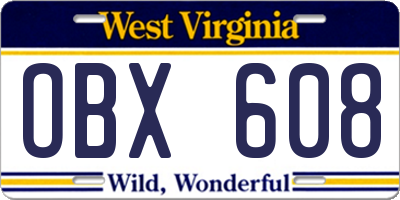 WV license plate OBX608