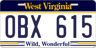 WV license plate OBX615