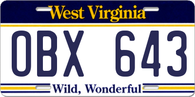 WV license plate OBX643
