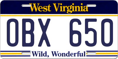 WV license plate OBX650