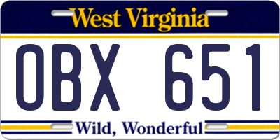 WV license plate OBX651