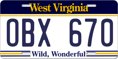 WV license plate OBX670