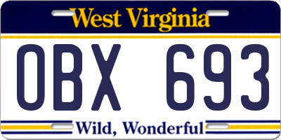 WV license plate OBX693