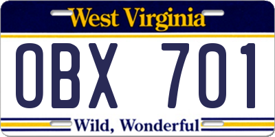 WV license plate OBX701