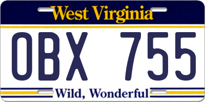 WV license plate OBX755