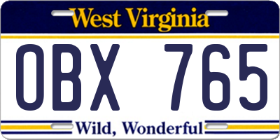 WV license plate OBX765
