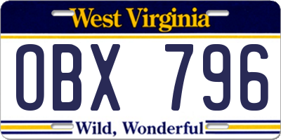 WV license plate OBX796
