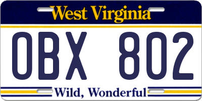 WV license plate OBX802