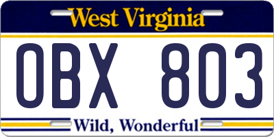 WV license plate OBX803