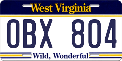 WV license plate OBX804