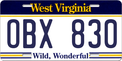WV license plate OBX830