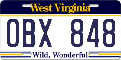 WV license plate OBX848