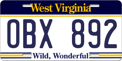 WV license plate OBX892