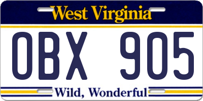 WV license plate OBX905