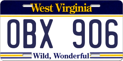 WV license plate OBX906