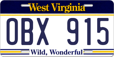 WV license plate OBX915