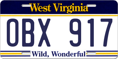 WV license plate OBX917