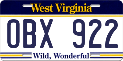 WV license plate OBX922
