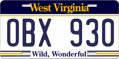 WV license plate OBX930