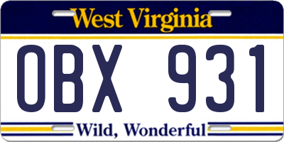WV license plate OBX931