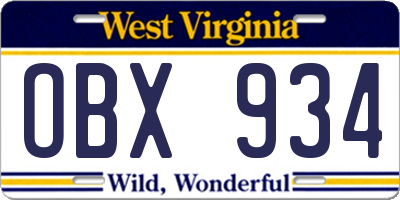 WV license plate OBX934