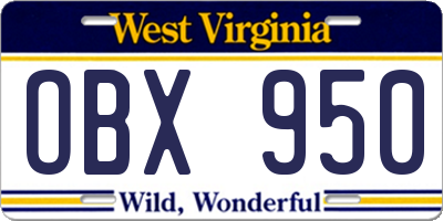 WV license plate OBX950