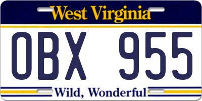 WV license plate OBX955