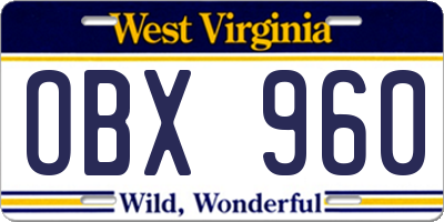 WV license plate OBX960