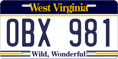 WV license plate OBX981