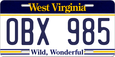 WV license plate OBX985