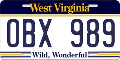 WV license plate OBX989