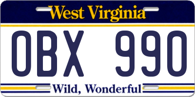 WV license plate OBX990