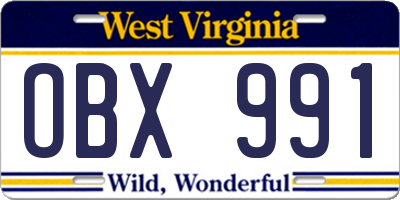 WV license plate OBX991