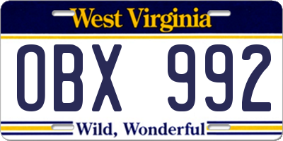 WV license plate OBX992