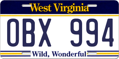 WV license plate OBX994