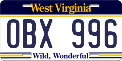 WV license plate OBX996