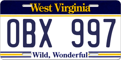 WV license plate OBX997