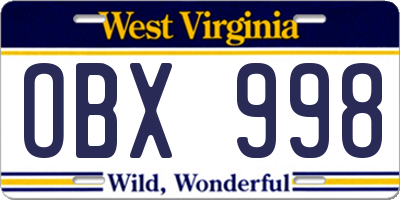 WV license plate OBX998