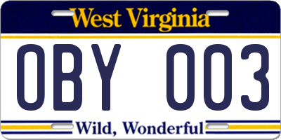 WV license plate OBY003