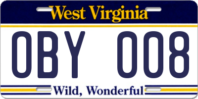 WV license plate OBY008