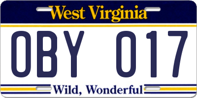 WV license plate OBY017