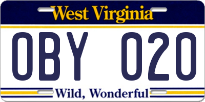 WV license plate OBY020