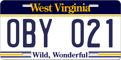 WV license plate OBY021