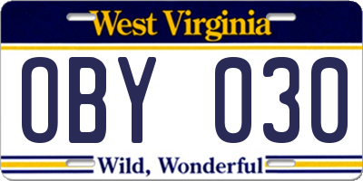 WV license plate OBY030