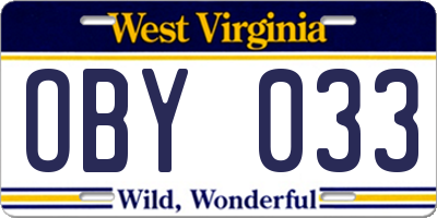 WV license plate OBY033