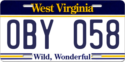 WV license plate OBY058